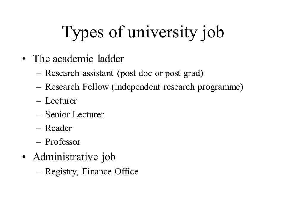 Types of university job The academic ladder –Research assistant (post doc or post grad) –Research Fellow (independent research programme) –Lecturer –Senior Lecturer –Reader –Professor Administrative job –Registry, Finance Office