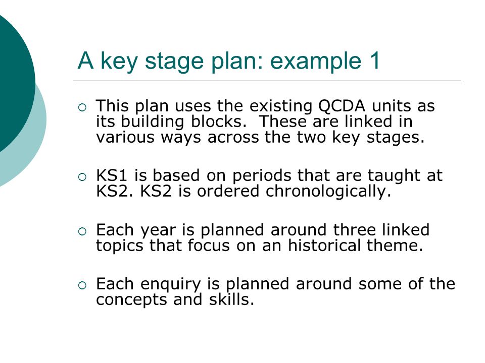 A key stage plan: example 1 This plan uses the existing QCDA units as its building blocks.