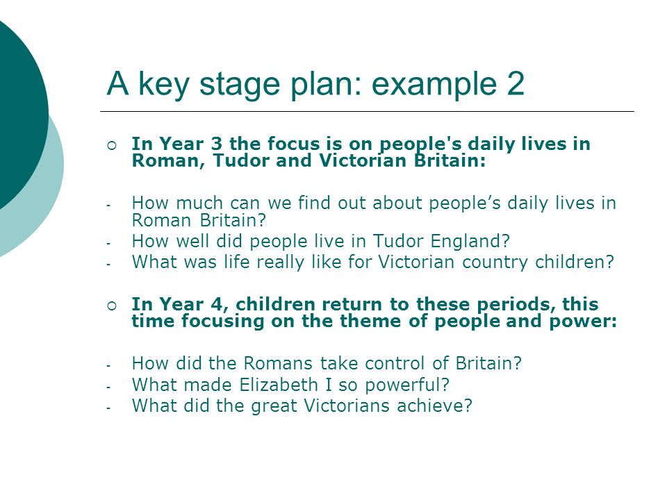 A key stage plan: example 2 In Year 3 the focus is on people s daily lives in Roman, Tudor and Victorian Britain: - How much can we find out about peoples daily lives in Roman Britain.