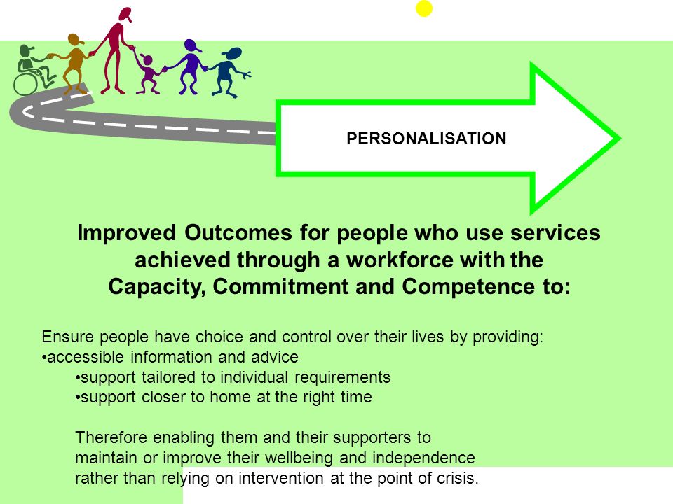 PERSONALISATION Improved Outcomes for people who use services achieved through a workforce with the Capacity, Commitment and Competence to: Ensure people have choice and control over their lives by providing: accessible information and advice support tailored to individual requirements support closer to home at the right time Therefore enabling them and their supporters to maintain or improve their wellbeing and independence rather than relying on intervention at the point of crisis.