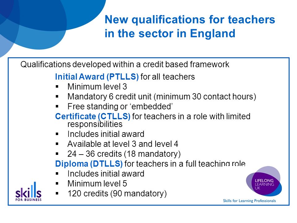 New qualifications for teachers in the sector in England Initial Award (PTLLS) for all teachers Minimum level 3 Mandatory 6 credit unit (minimum 30 contact hours) Free standing or embedded Certificate (CTLLS) for teachers in a role with limited responsibilities Includes initial award Available at level 3 and level 4 24 – 36 credits (18 mandatory) Diploma (DTLLS) for teachers in a full teaching role Includes initial award Minimum level credits (90 mandatory) Qualifications developed within a credit based framework