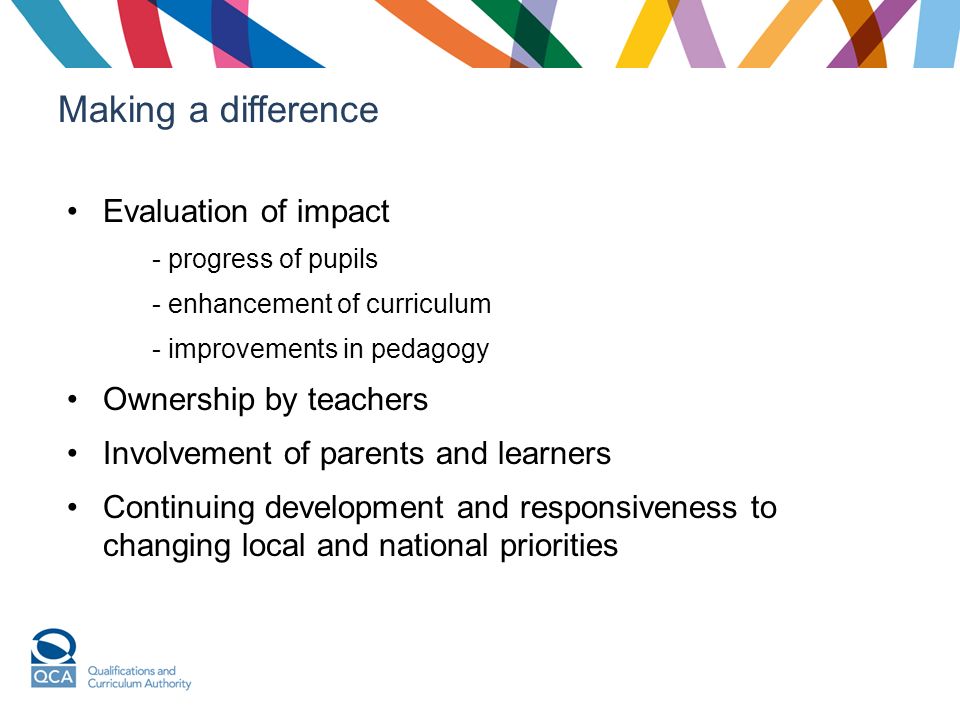 Making a difference Evaluation of impact - progress of pupils - enhancement of curriculum - improvements in pedagogy Ownership by teachers Involvement of parents and learners Continuing development and responsiveness to changing local and national priorities