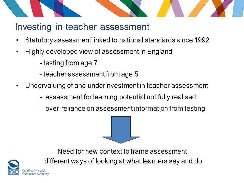 Investing in teacher assessment Statutory assessment linked to national standards since 1992 Highly developed view of assessment in England - testing from age 7 - teacher assessment from age 5 Undervaluing of and underinvestment in teacher assessment - assessment for learning potential not fully realised - over-reliance on assessment information from testing Need for new context to frame assessment- different ways of looking at what learners say and do