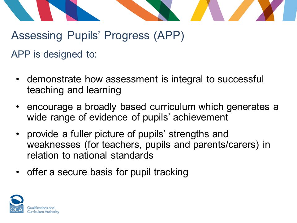 Assessing Pupils Progress (APP) APP is designed to: demonstrate how assessment is integral to successful teaching and learning encourage a broadly based curriculum which generates a wide range of evidence of pupils achievement provide a fuller picture of pupils strengths and weaknesses (for teachers, pupils and parents/carers) in relation to national standards offer a secure basis for pupil tracking