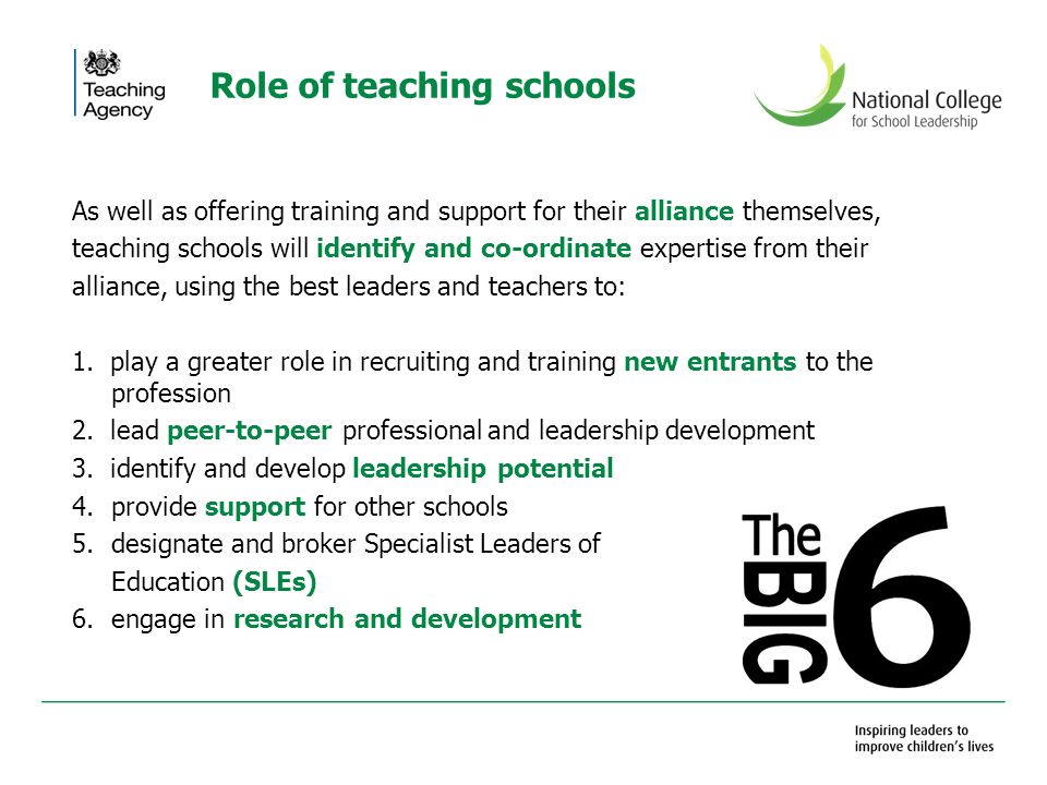 As well as offering training and support for their alliance themselves, teaching schools will identify and co-ordinate expertise from their alliance, using the best leaders and teachers to: 1.