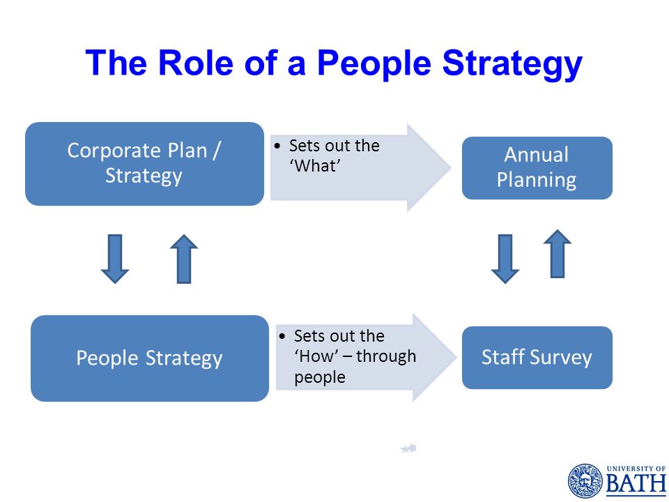 The Role of a People Strategy Sets out the What Corporate Plan / Strategy Annual Planning Sets out the How – through people People Strategy Staff Survey