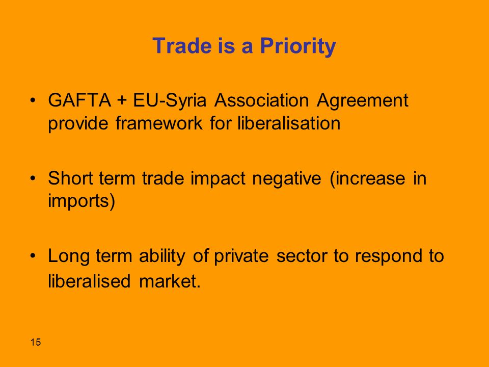 15 Trade is a Priority GAFTA + EU-Syria Association Agreement provide framework for liberalisation Short term trade impact negative (increase in imports) Long term ability of private sector to respond to liberalised market.