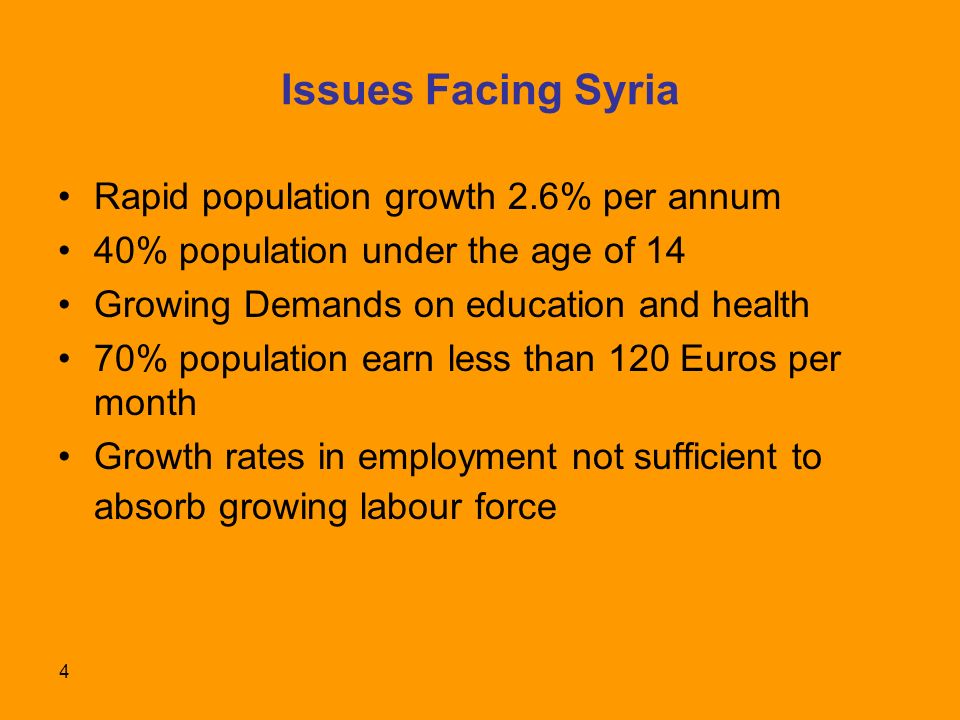 4 Issues Facing Syria Rapid population growth 2.6% per annum 40% population under the age of 14 Growing Demands on education and health 70% population earn less than 120 Euros per month Growth rates in employment not sufficient to absorb growing labour force