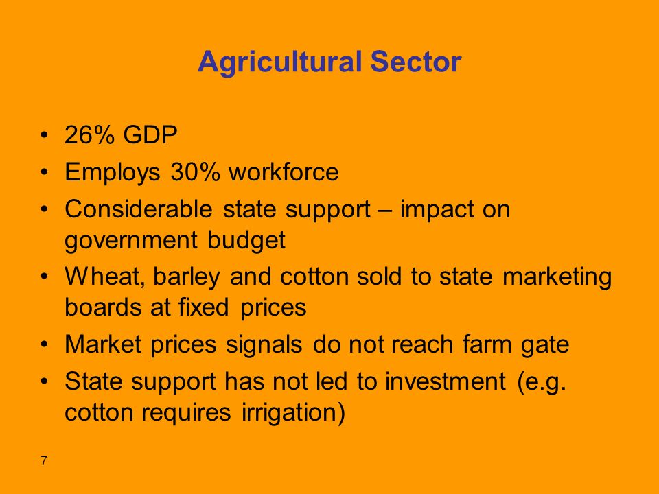 7 Agricultural Sector 26% GDP Employs 30% workforce Considerable state support – impact on government budget Wheat, barley and cotton sold to state marketing boards at fixed prices Market prices signals do not reach farm gate State support has not led to investment (e.g.