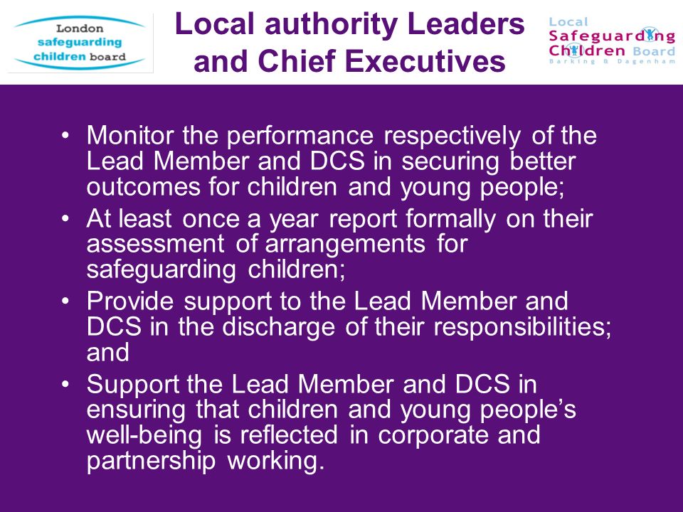 10 Local authority Leaders and Chief Executives Monitor the performance respectively of the Lead Member and DCS in securing better outcomes for children and young people; At least once a year report formally on their assessment of arrangements for safeguarding children; Provide support to the Lead Member and DCS in the discharge of their responsibilities; and Support the Lead Member and DCS in ensuring that children and young peoples well-being is reflected in corporate and partnership working.
