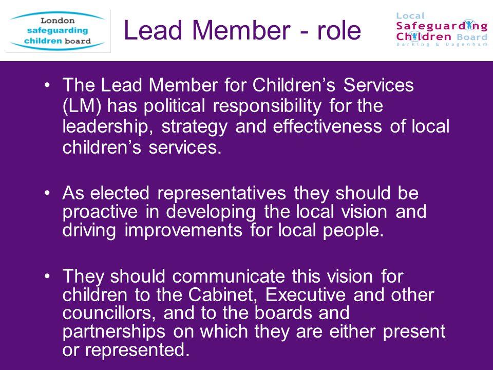 Lead Member - role The Lead Member for Childrens Services (LM) has political responsibility for the leadership, strategy and effectiveness of local childrens services.