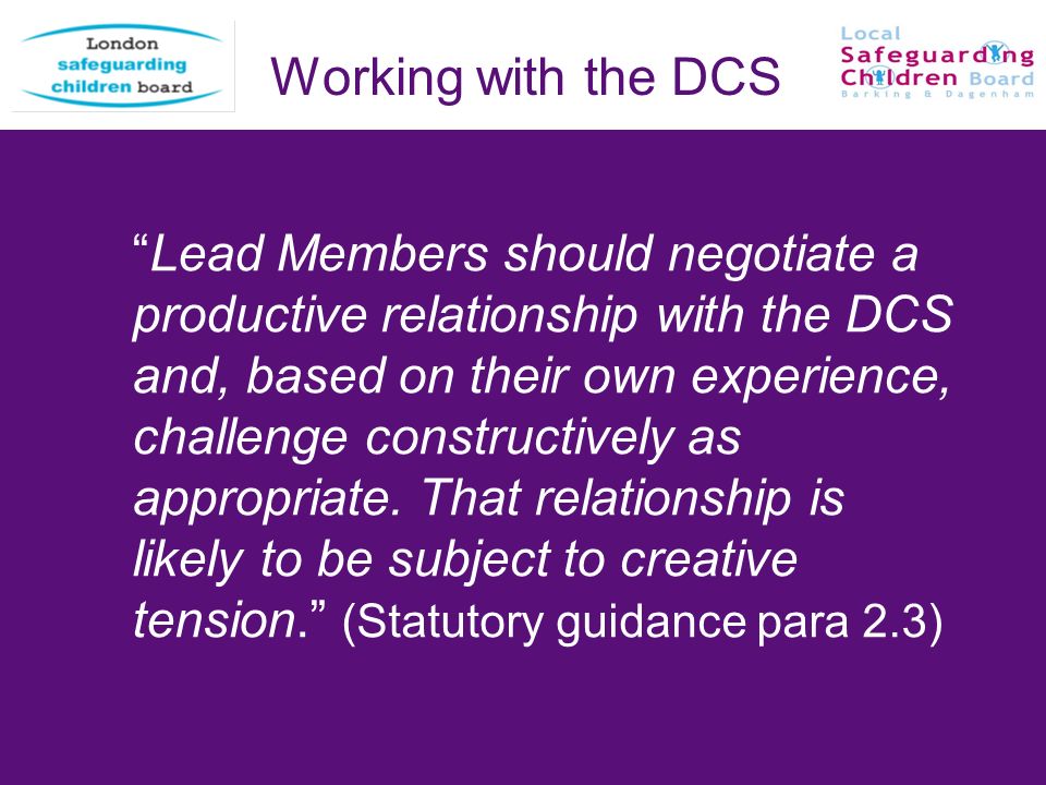 Working with the DCS Lead Members should negotiate a productive relationship with the DCS and, based on their own experience, challenge constructively as appropriate.