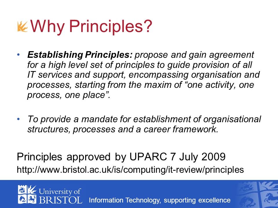 Information Technology, supporting excellence Why Principles.