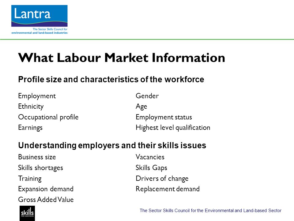 The Sector Skills Council for the Environmental and Land-based Sector What Labour Market Information Profile size and characteristics of the workforce Employment Gender Ethnicity Age Occupational profileEmployment status Earnings Highest level qualification Understanding employers and their skills issues Business sizeVacancies Skills shortages Skills Gaps Training Drivers of change Expansion demandReplacement demand Gross Added Value