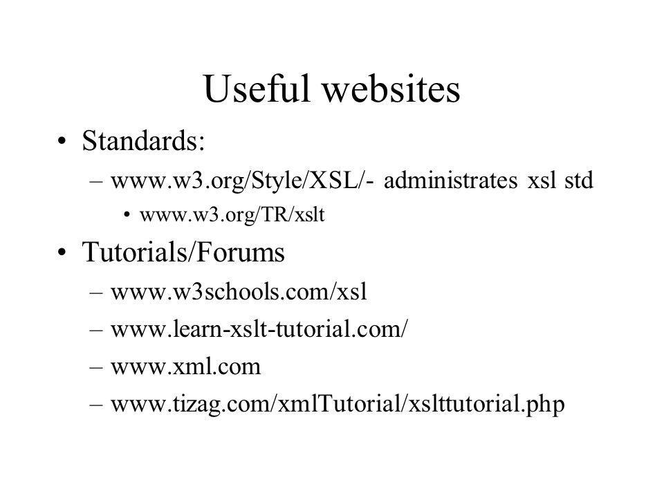 Useful websites Standards: –  administrates xsl std   Tutorials/Forums –  –  –  –