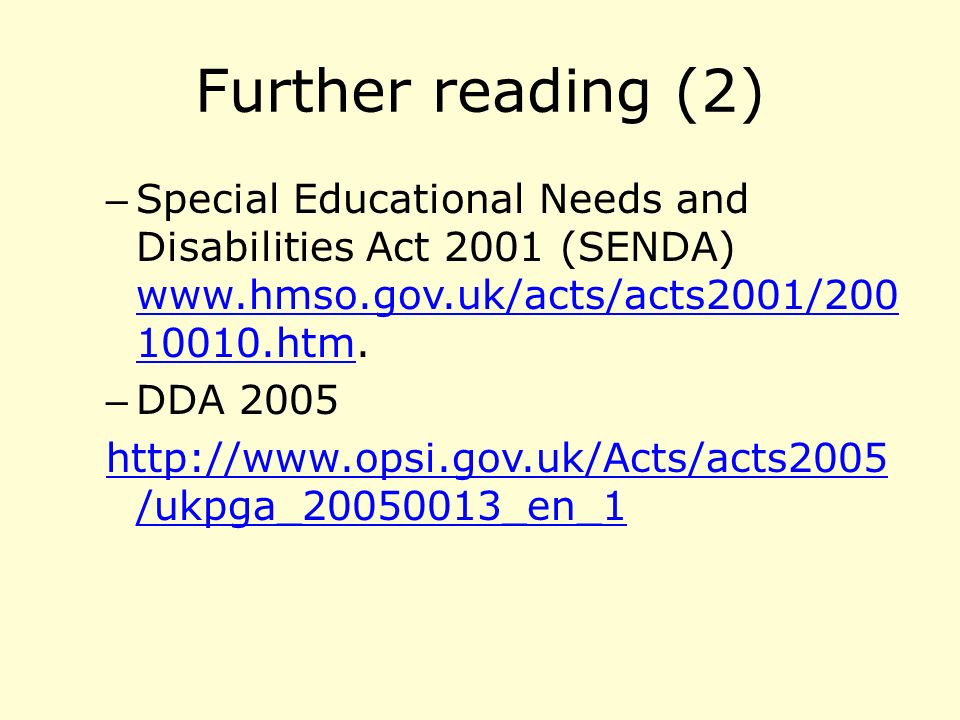 Further reading (2) – Special Educational Needs and Disabilities Act 2001 (SENDA) htm.
