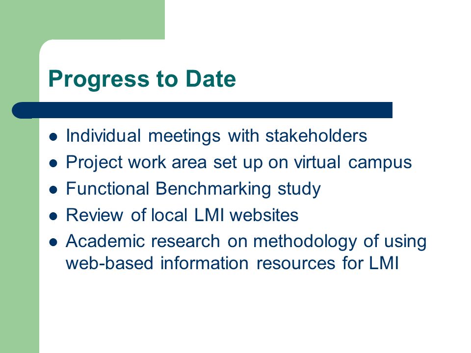 Progress to Date Individual meetings with stakeholders Project work area set up on virtual campus Functional Benchmarking study Review of local LMI websites Academic research on methodology of using web-based information resources for LMI