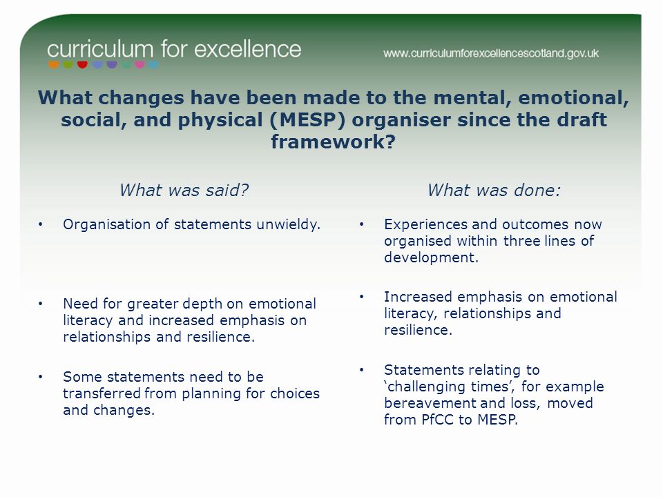 What changes have been made to the mental, emotional, social, and physical (MESP) organiser since the draft framework.