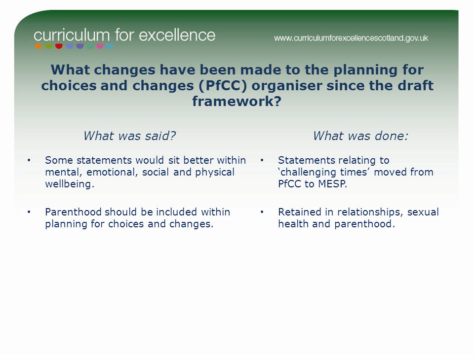What changes have been made to the planning for choices and changes (PfCC) organiser since the draft framework.