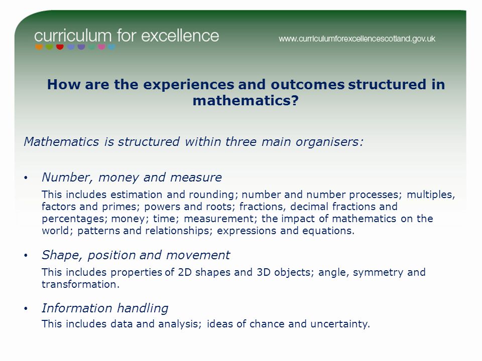 How are the experiences and outcomes structured in mathematics.