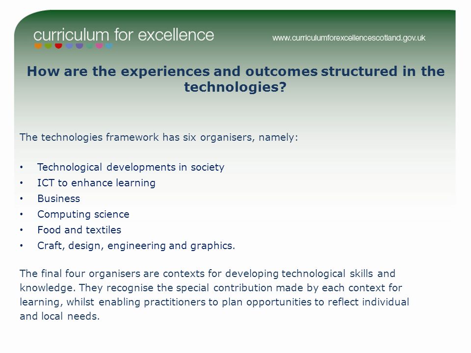 How are the experiences and outcomes structured in the technologies.