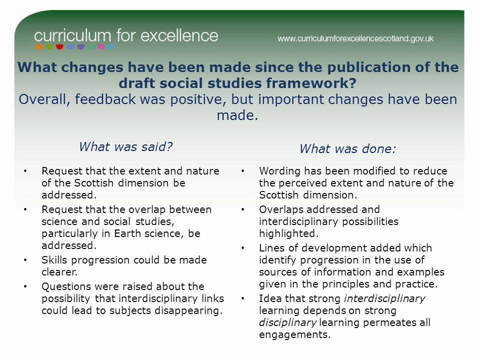 What changes have been made since the publication of the draft social studies framework.