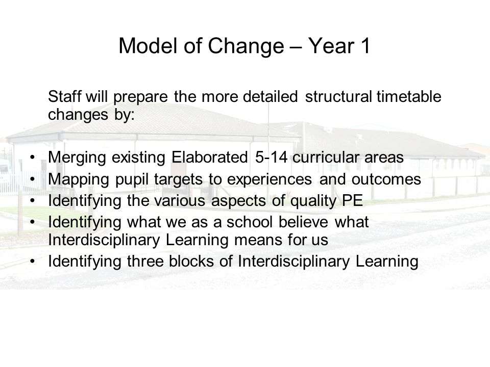 Model of Change – Year 1 Staff will prepare the more detailed structural timetable changes by: Merging existing Elaborated 5-14 curricular areas Mapping pupil targets to experiences and outcomes Identifying the various aspects of quality PE Identifying what we as a school believe what Interdisciplinary Learning means for us Identifying three blocks of Interdisciplinary Learning