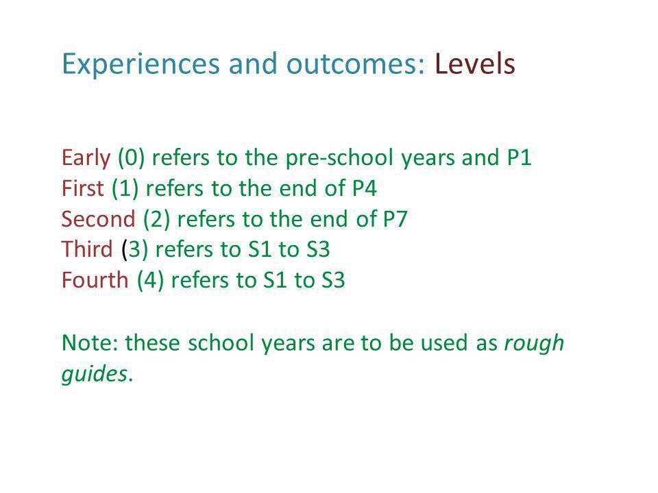 Early (0) refers to the pre-school years and P1 First (1) refers to the end of P4 Second (2) refers to the end of P7 Third (3) refers to S1 to S3 Fourth (4) refers to S1 to S3 Note: these school years are to be used as rough guides.