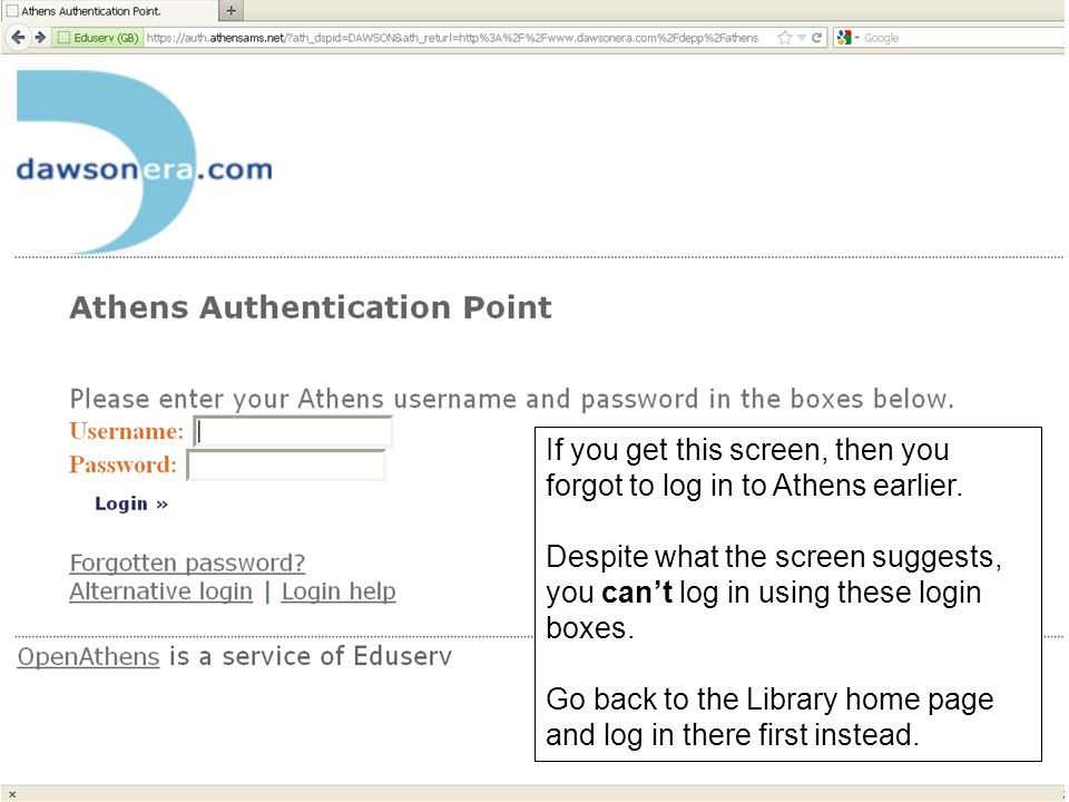 If you get this screen, then you forgot to log in to Athens earlier.