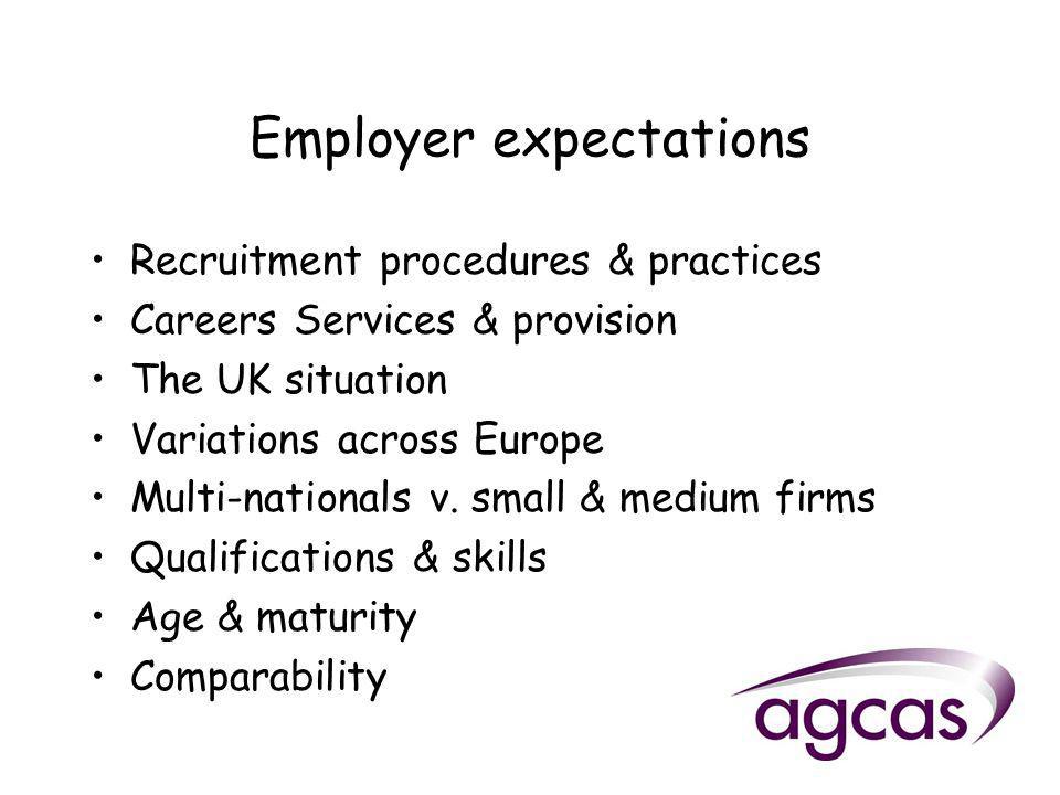 Employer expectations Recruitment procedures & practices Careers Services & provision The UK situation Variations across Europe Multi-nationals v.