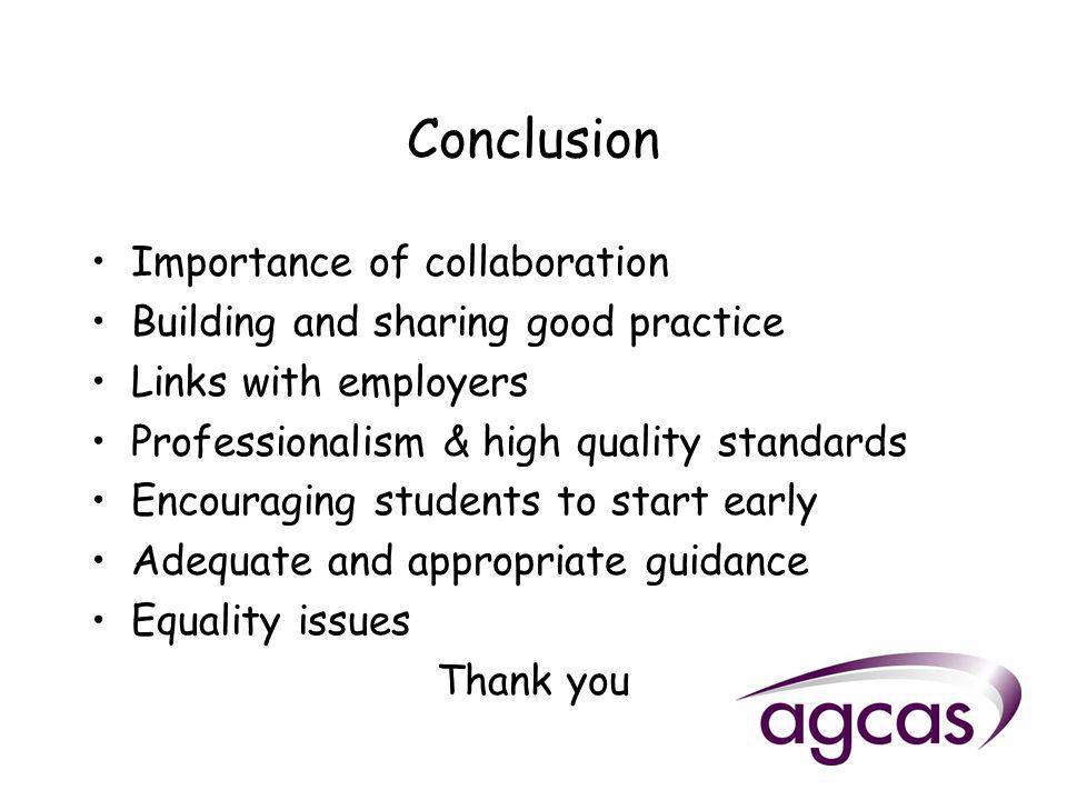 Conclusion Importance of collaboration Building and sharing good practice Links with employers Professionalism & high quality standards Encouraging students to start early Adequate and appropriate guidance Equality issues Thank you