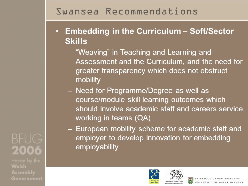 Swansea Recommendations Embedding in the Curriculum – Soft/Sector Skills –Weaving in Teaching and Learning and Assessment and the Curriculum, and the need for greater transparency which does not obstruct mobility –Need for Programme/Degree as well as course/module skill learning outcomes which should involve academic staff and careers service working in teams (QA) –European mobility scheme for academic staff and employer to develop innovation for embedding employability