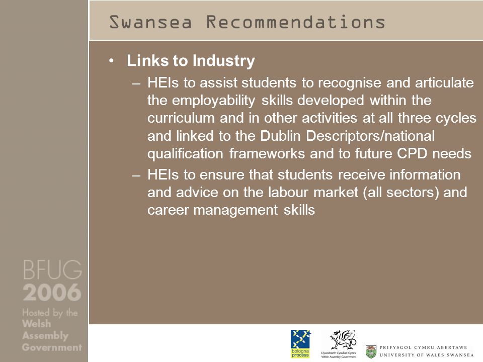 Swansea Recommendations Links to Industry –HEIs to assist students to recognise and articulate the employability skills developed within the curriculum and in other activities at all three cycles and linked to the Dublin Descriptors/national qualification frameworks and to future CPD needs –HEIs to ensure that students receive information and advice on the labour market (all sectors) and career management skills