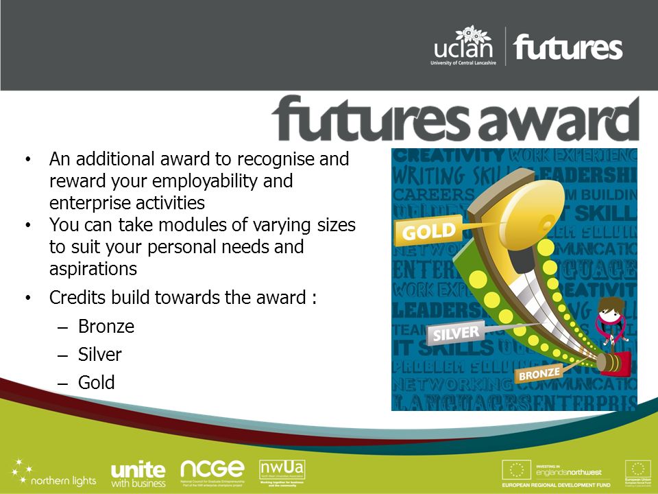 An additional award to recognise and reward your employability and enterprise activities You can take modules of varying sizes to suit your personal needs and aspirations Credits build towards the award : – Bronze – Silver – Gold
