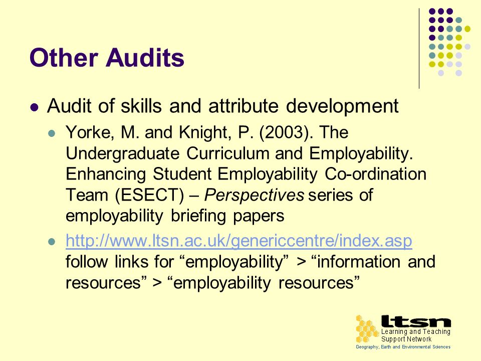 Other Audits Audit of skills and attribute development Yorke, M.