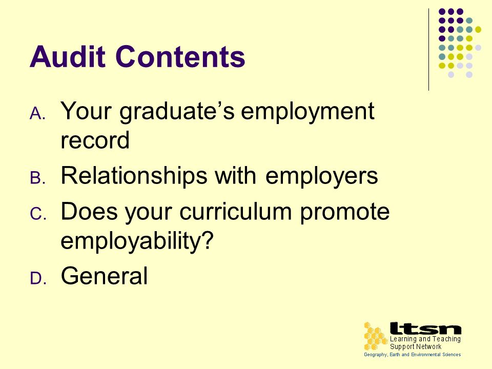Audit Contents A. Your graduates employment record B.