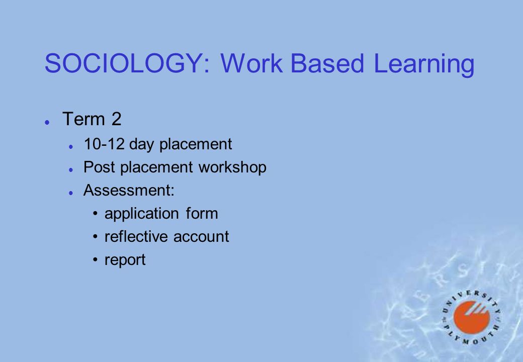 SOCIOLOGY: Work Based Learning l Term 2 l day placement l Post placement workshop l Assessment: application form reflective account report