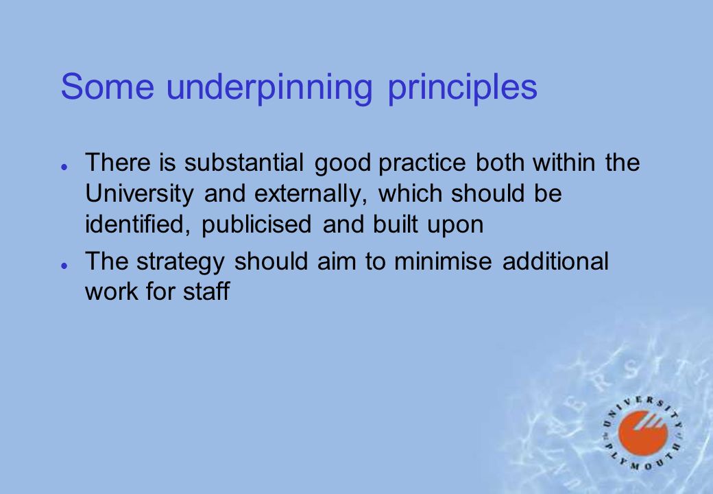Some underpinning principles l There is substantial good practice both within the University and externally, which should be identified, publicised and built upon l The strategy should aim to minimise additional work for staff
