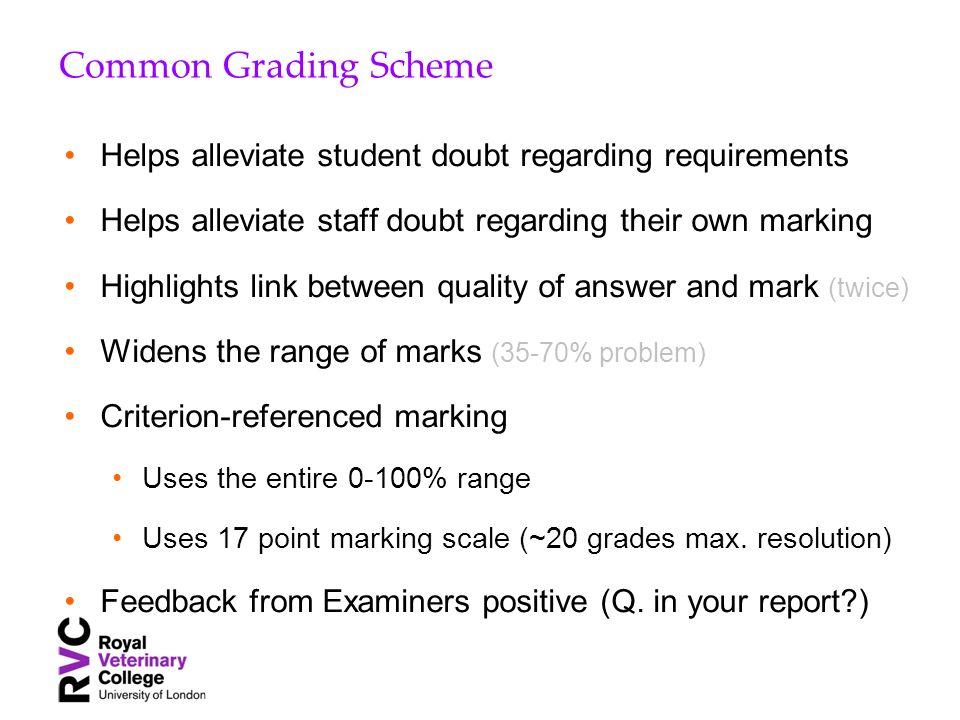 Common Grading Scheme Helps alleviate student doubt regarding requirements Helps alleviate staff doubt regarding their own marking Highlights link between quality of answer and mark (twice) Widens the range of marks (35-70% problem) Criterion-referenced marking Uses the entire 0-100% range Uses 17 point marking scale (~20 grades max.