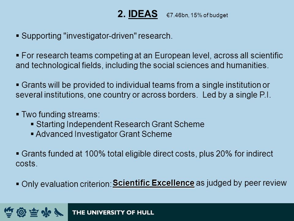 2. IDEAS 7.46bn, 15% of budget Supporting investigator-driven research.