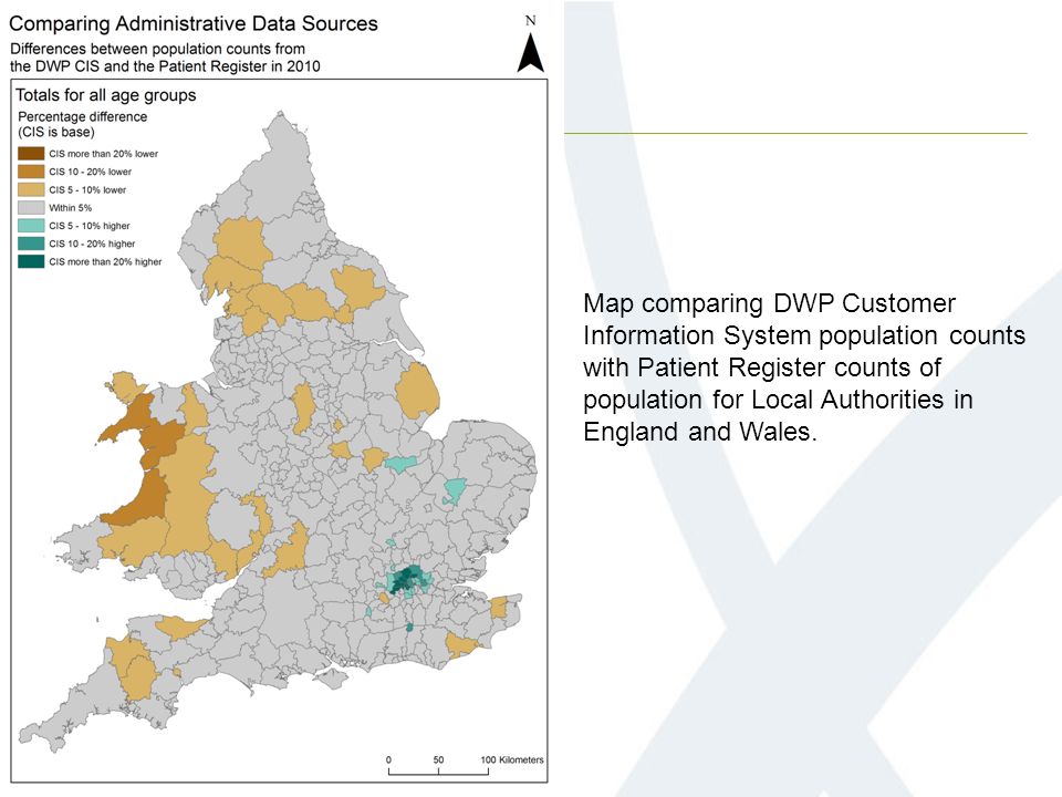 Map comparing DWP Customer Information System population counts with Patient Register counts of population for Local Authorities in England and Wales.