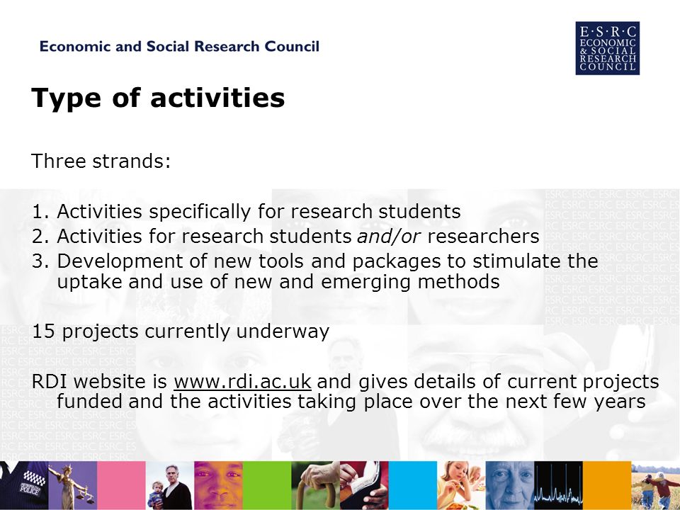 Type of activities Three strands: 1. Activities specifically for research students 2.