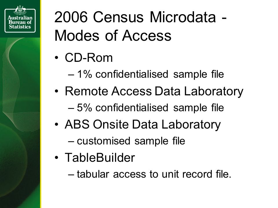 2006 Census Microdata - Modes of Access CD-Rom –1% confidentialised sample file Remote Access Data Laboratory –5% confidentialised sample file ABS Onsite Data Laboratory –customised sample file TableBuilder –tabular access to unit record file.