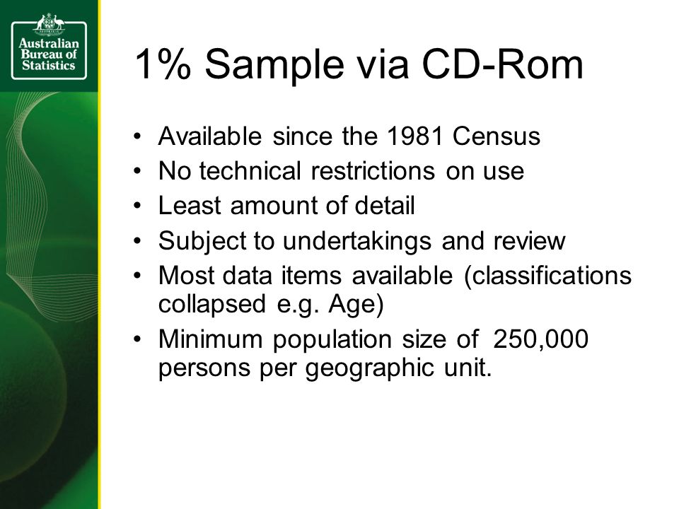 1% Sample via CD-Rom Available since the 1981 Census No technical restrictions on use Least amount of detail Subject to undertakings and review Most data items available (classifications collapsed e.g.