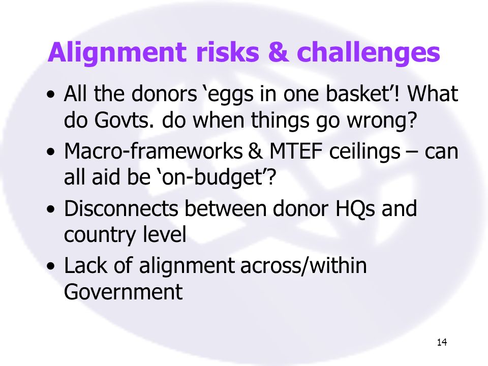 14 Alignment risks & challenges All the donors eggs in one basket.