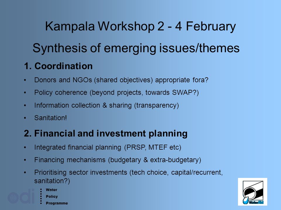 Water Policy Programme 1 Kampala Workshop February Synthesis of emerging issues/themes 1.Coordination Donors and NGOs (shared objectives) appropriate fora.