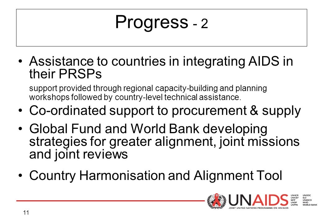 11 Progress - 2 Assistance to countries in integrating AIDS in their PRSPs support provided through regional capacity-building and planning workshops followed by country-level technical assistance.
