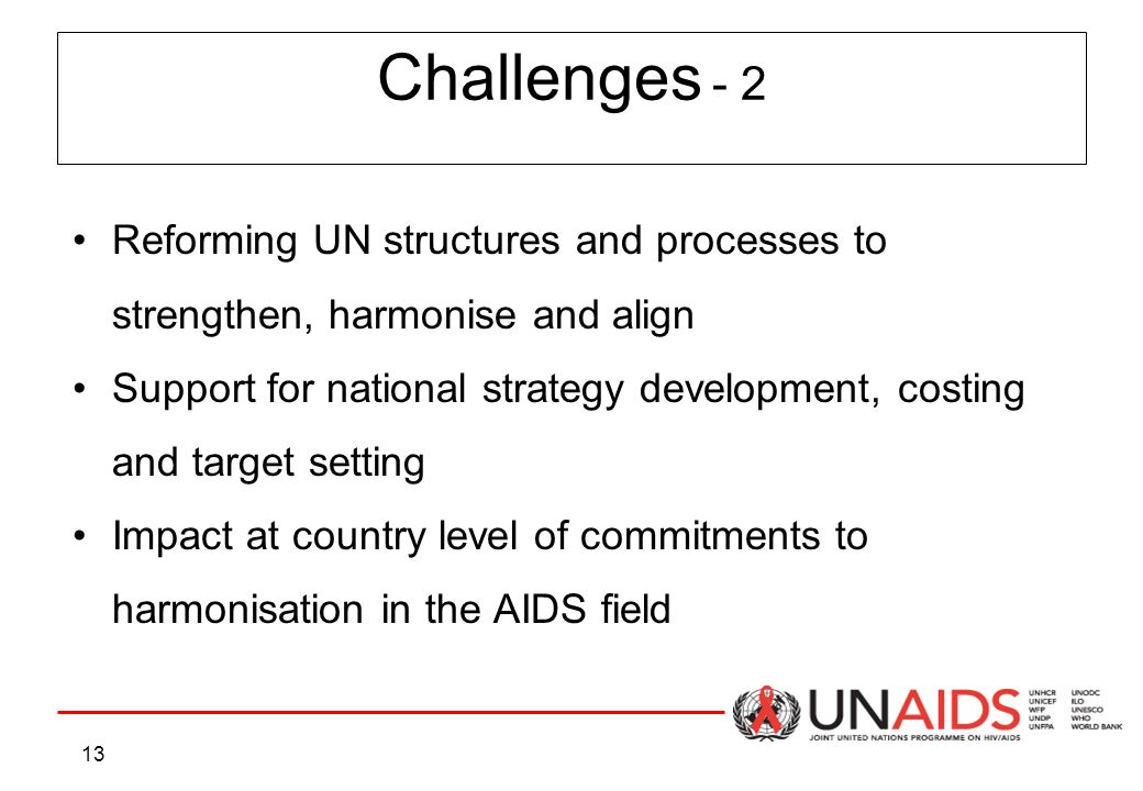 13 Challenges - 2 Reforming UN structures and processes to strengthen, harmonise and align Support for national strategy development, costing and target setting Impact at country level of commitments to harmonisation in the AIDS field