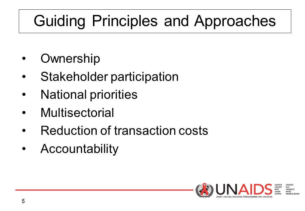 5 Guiding Principles and Approaches Ownership Stakeholder participation National priorities Multisectorial Reduction of transaction costs Accountability