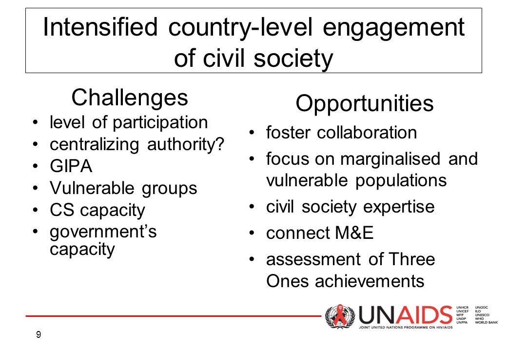 9 Intensified country-level engagement of civil society Challenges level of participation centralizing authority.